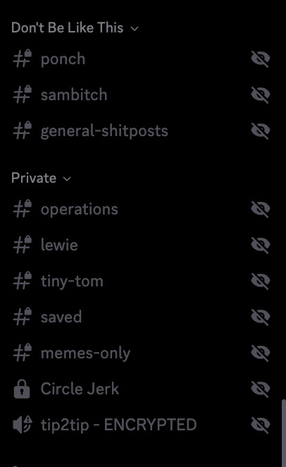 Sonoran server channel list showing general-shitposts, Circle Jerk, and tip2tip - ENCRYPTED.